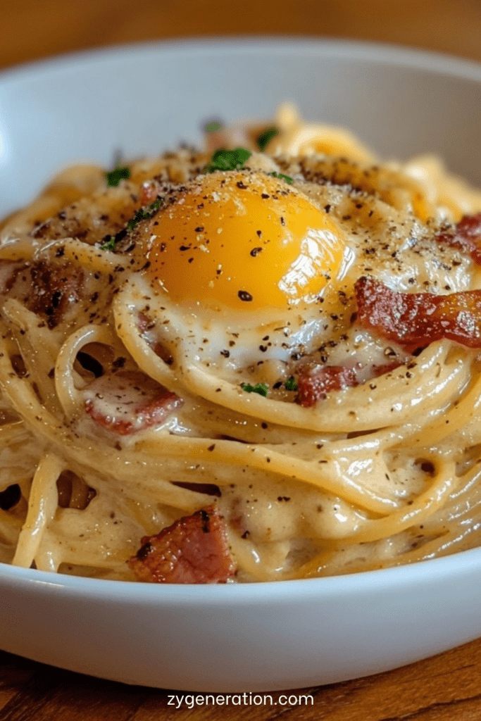 Assiette de spaghettis carbonara crémeux avec lardons dorés, jaune d’œuf coulant posé sur le dessus, copeaux de parmesan et poivre noir fraîchement moulu.