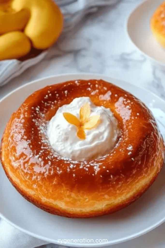 Baba au rhum traditionnel doré, brioche individuelle imbibée de sirop au rhum, garnie de chantilly maison et servie sur une assiette blanche élégante
