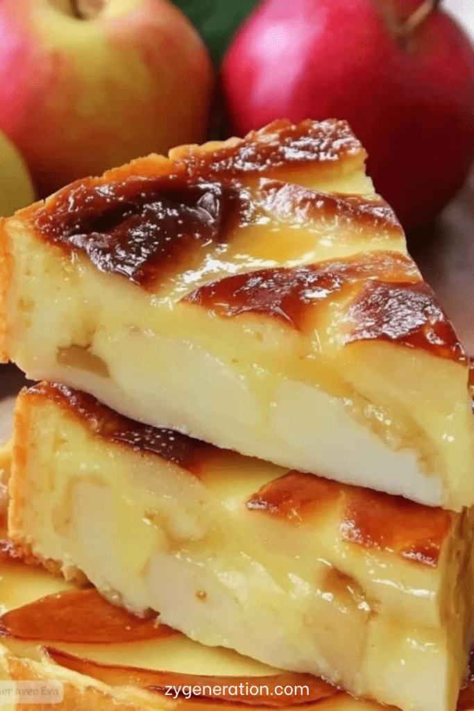 Flan aux pommes et yaourt ultra fondant, texture crémeuse et moelleuse avec morceaux de pommes dorés, servi sur une assiette blanche avec une légère caramélisation en surface