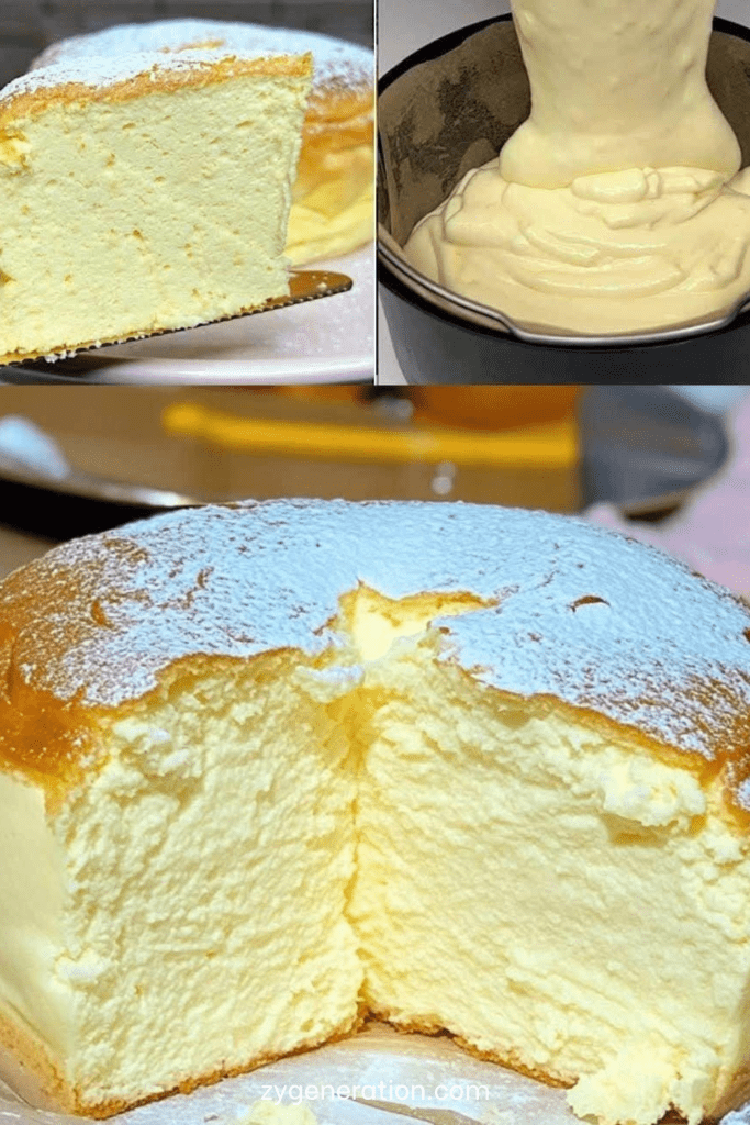 Cheesecake japonais ultra moelleux et aérien, texture soufflée légère, surface dorée légèrement craquelée, saupoudré de sucre glace sur une assiette blanche