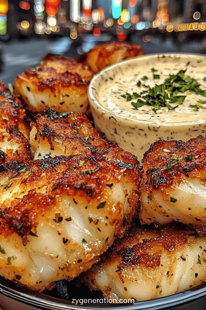 Bouchées de cabillaud croustillantes dorées à l’ail, panure panko croquante, servies avec sauce citron aux herbes fraîches et quartiers de citron