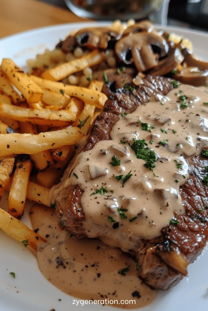 Steak grillé nappé de sauce crémeuse aux champignons, accompagné de frites maison dorées et croustillantes, servi dans une assiette rustique