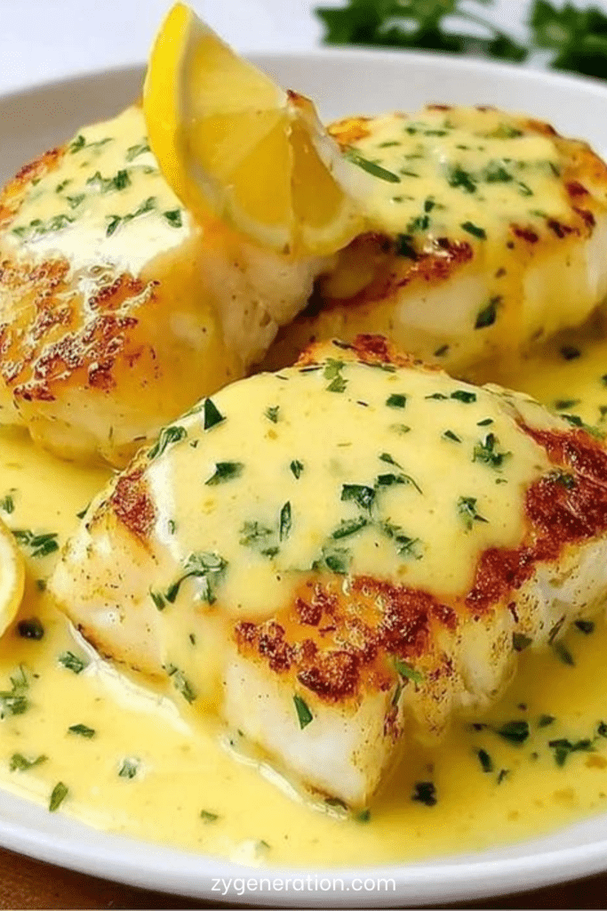 Pavés de cabillaud au four nappés de sauce crémeuse à la moutarde et au citron, garnis de persil frais dans un plat en céramique