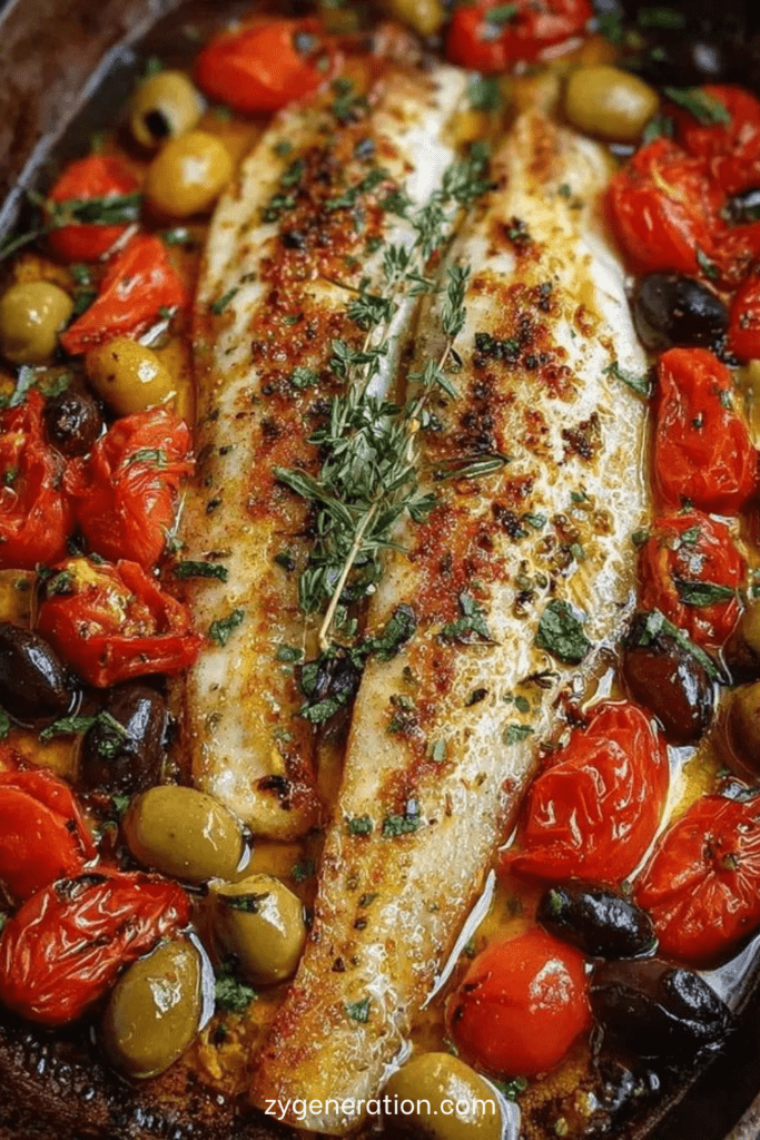 Filets de poisson méditerranéen blanc au four avec tomates cerises rôties, olives vertes et noires, rondelles de citron et herbes fraîches dans un plat méditerranéen