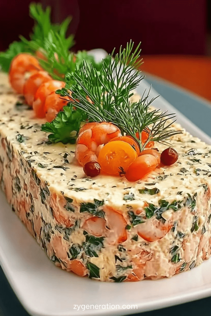 Terrine de saumon et crevettes tranchée, texture fondante rosée avec morceaux visibles de crevettes et herbes fraîches, servie sur un plat élégant