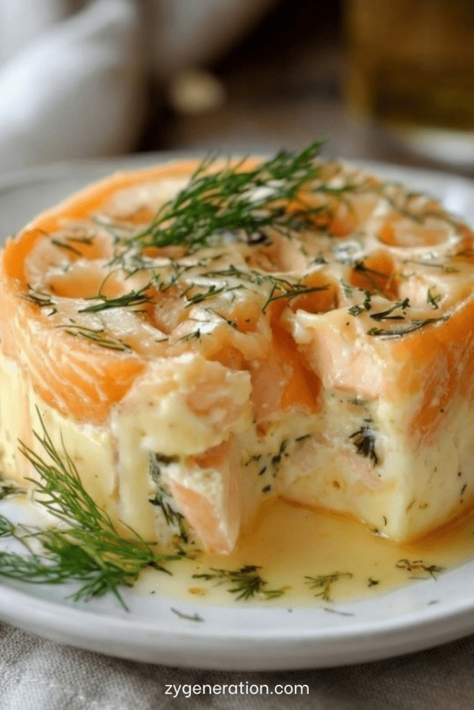 Flan de poisson au saumon et colin tranché, texture fondante rosée et blanche marbrée, servi avec sauce citronnée et herbes fraîches