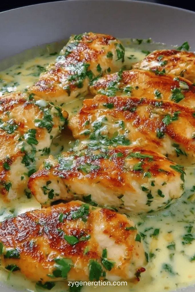 Filets de poulet crémeux dorés nappés d’une sauce crémeuse à l’ail et au persil frais, servis dans une poêle avec une texture onctueuse et brillante