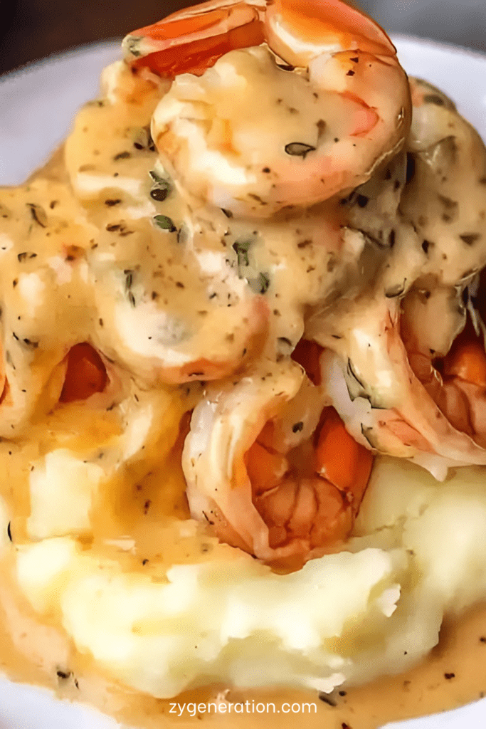 Crevettes à l'ail dorées nappées d’une sauce crémeuse à l’ail et aux herbes, servies sur une purée de pommes de terre lisse et onctueuse