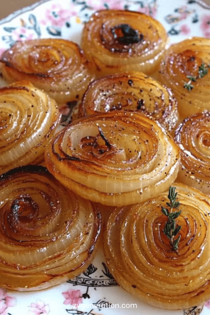 Rondelles épaisses d’oignons rôtis au miel et au thym, dorées et légèrement caramélisées sur une plaque de cuisson