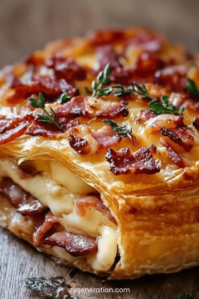 Feuilleté au camembert et lardons doré , pâte feuilletée croustillante ouverte laissant apparaître un fromage coulant et des lardons fumés