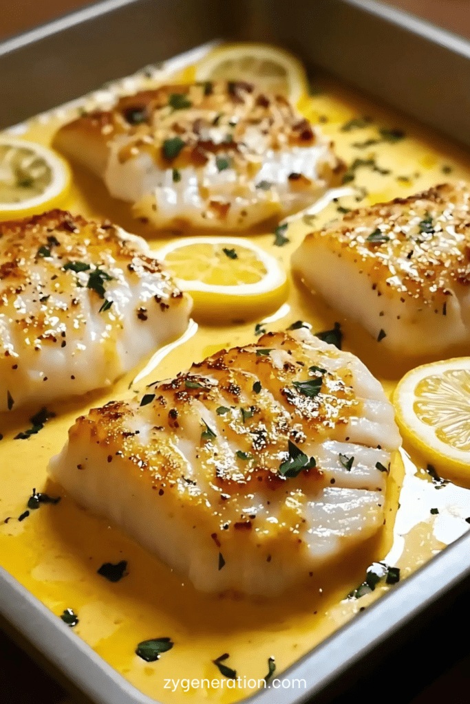 Dos de cabillaud au four nappé d’une sauce crémeuse à la moutarde et au citron, parsemé de persil frais et rondelles de citron