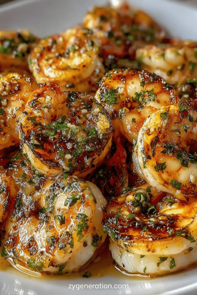 Crevettes sautées dorées à l’ail et aux herbes fraîches dans une poêle, texture brillante et légèrement caramélisée, servies chaudes avec persil ciselé