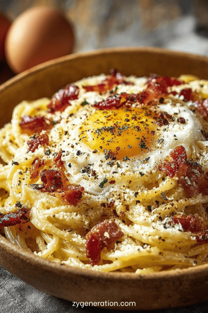 Spaghetti carbonara traditionnelle avec guanciale croustillant, sauce crémeuse aux œufs et pecorino, poivre noir fraîchement moulu, servis chauds