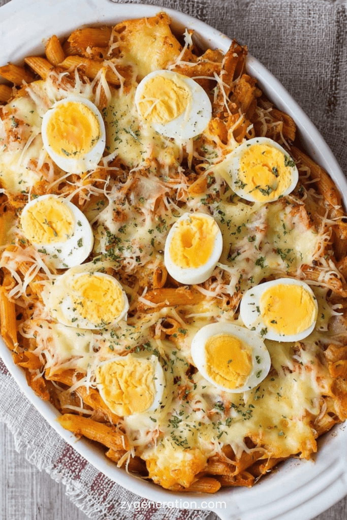 Gratin de penne aux œufs durs et fromage fondant, pâtes nappées de sauce tomate, œufs en rondelles visibles sur le dessus, surface dorée et gratinée