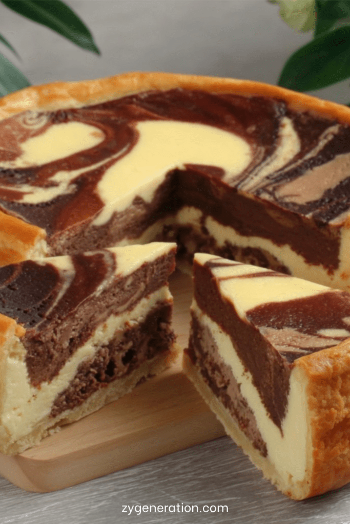 Flan marbré vanille chocolat avec motif spiralé visible, texture crémeuse et fondante, base de pâte dorée, servi en part sur assiette