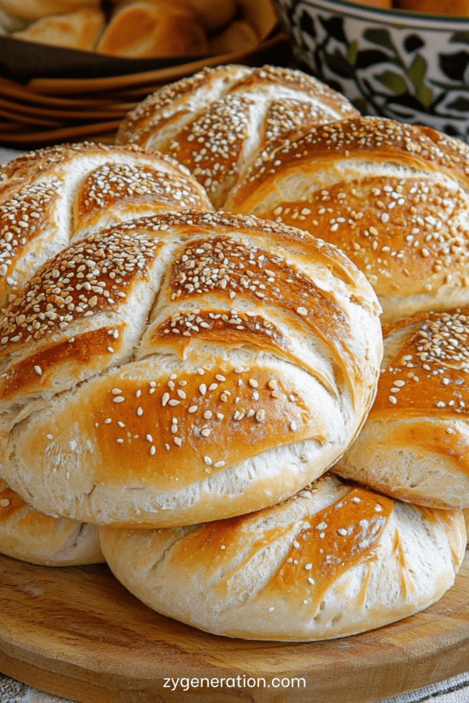 Petits pains briochés au sésame dorés au four, texture moelleuse à l’intérieur, surface brillante avec graines de sésame, disposés sur plaque de cuisson