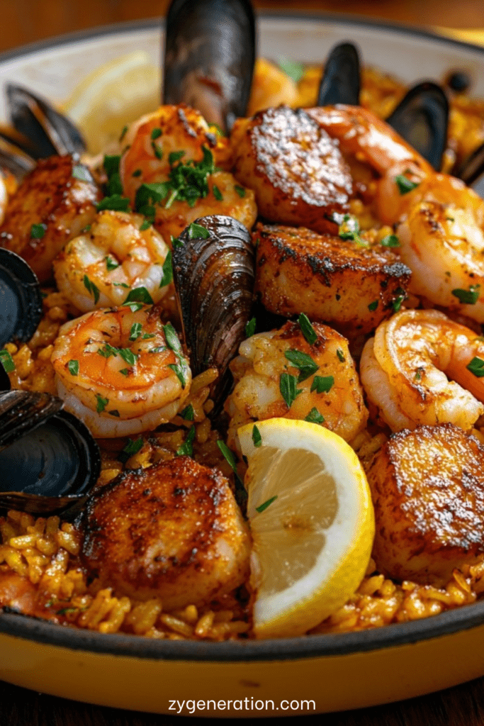 Paella aux fruits de mer safranée avec crevettes, moules et Saint-Jacques, riz jaune doré au safran, persil frais et quartiers de citron servis chaud