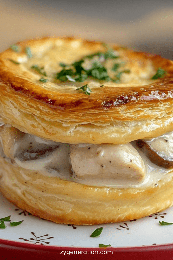 Vol-au-vent au poulet et champignons à la crème avec pâte feuilletée dorée et croustillante, garniture crémeuse au poulet et champignons, persil frais en finition