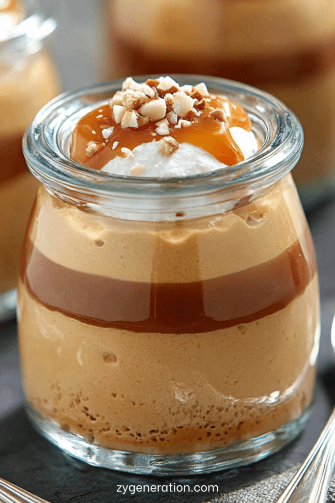 Crème dessert café et caramel en pot en verre, couche de crème café onctueuse, nappage caramel brillant, chantilly légère et éclats d’amandes croquantes