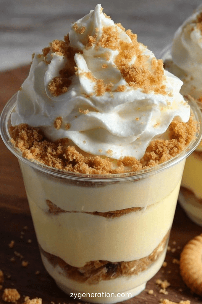 Crème dessert vanille et biscuits façon cheesecake en verrines, couches de crème onctueuse, biscuits émiettés croustillants et chantilly aérienne sur le dessus