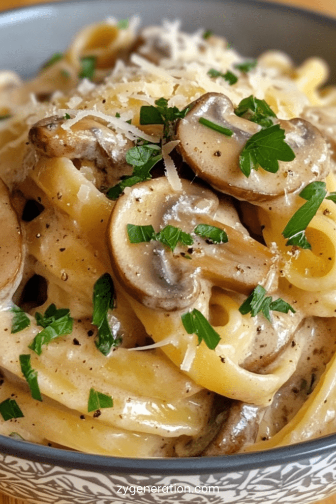 Pâtes crémeuses aux champignons de Paris et parmesan râpé, sauce onctueuse brillante, persil frais ciselé et poivre noir sur le dessus