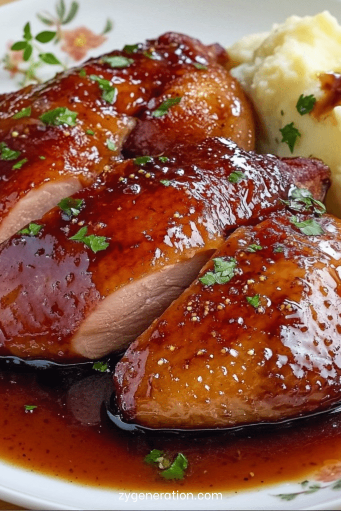 Magret de canard au miel tranché en lamelles rosées, sauce miel soja brillante nappante, purée de pommes de terre crémeuse en accompagnement