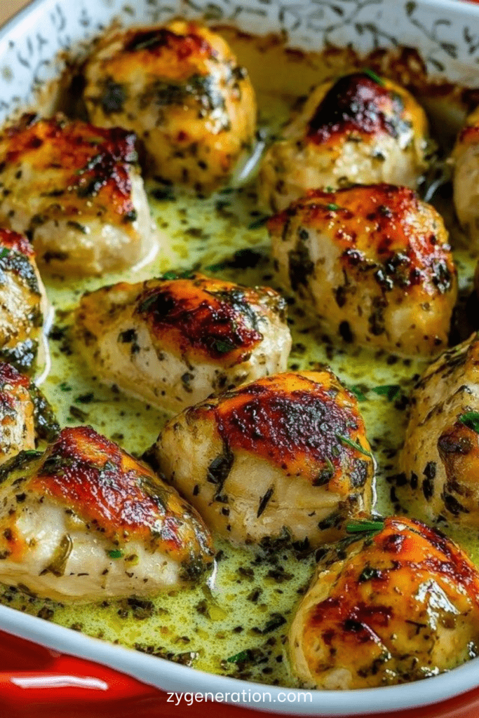 Cassolette de poulet à la moutarde ancienne gratinée au four avec sauce crémeuse, persil frais et morceaux de poulet dorés servis dans un plat en céramique