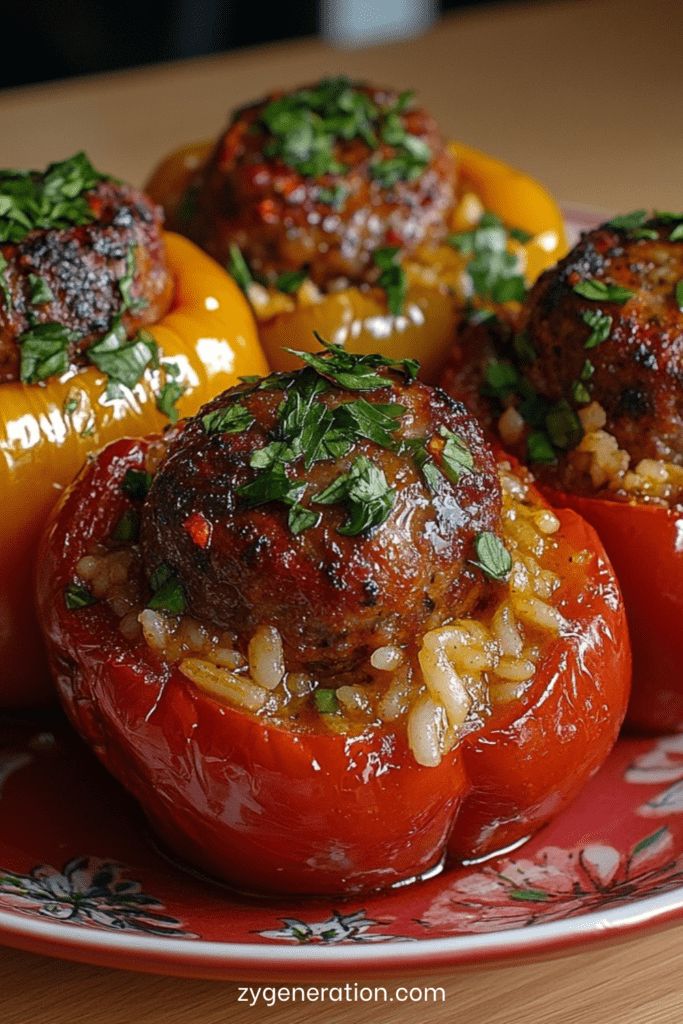Poivrons farcis à la viande hachée et riz, gratinés au fromage, cuits au four dans une sauce tomate maison et parsemés de persil frais