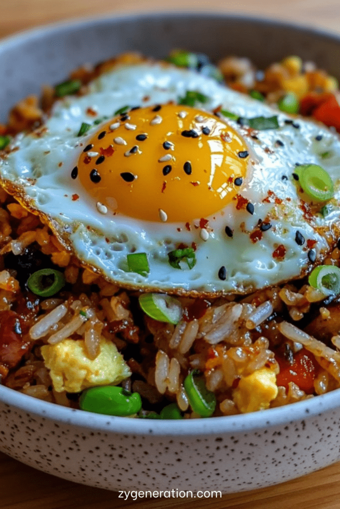 Bol de riz frit au bacon croustillant avec légumes, œuf au plat au jaune coulant et graines de sésame, servi bien chaud