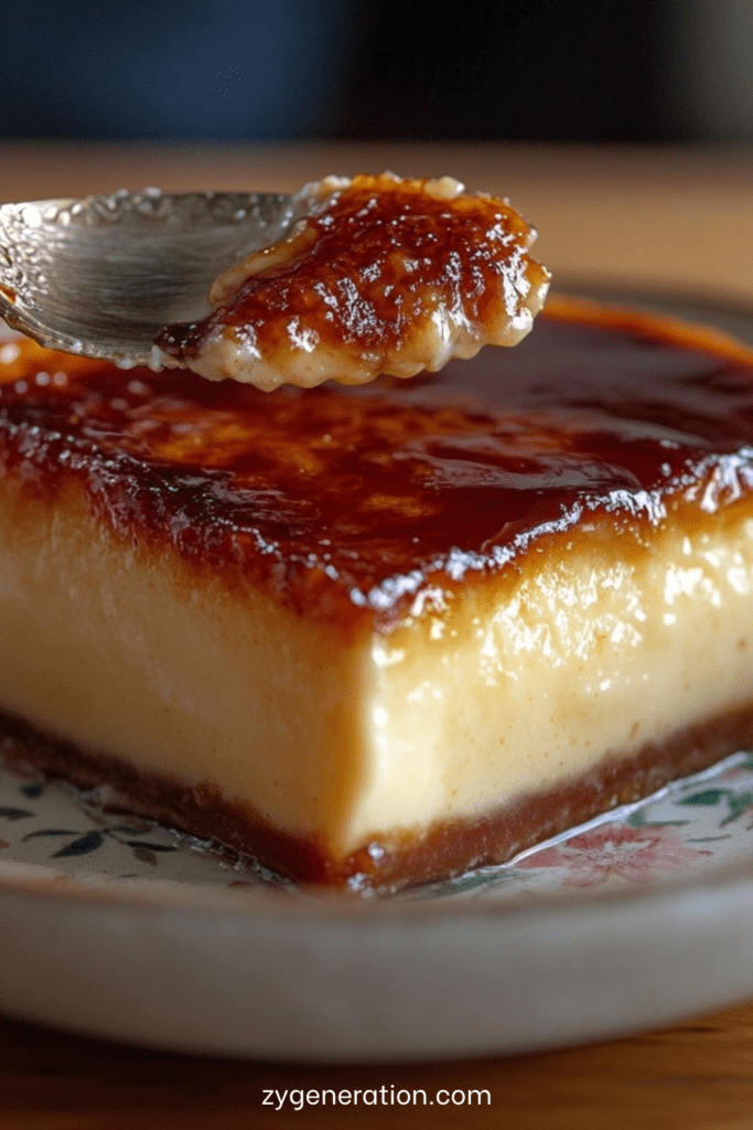 Flan pâtissier fondant nappé de caramel ambré, texture lisse et crémeuse, démoulé sur un plat avec surface dorée uniforme