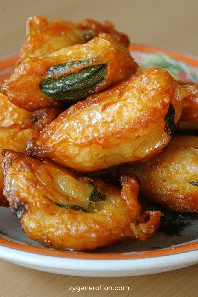 Beignets de courgettes croustillants et dorés sortis de friture, enrobés d’une pâte légère, servis chauds sur papier absorbant