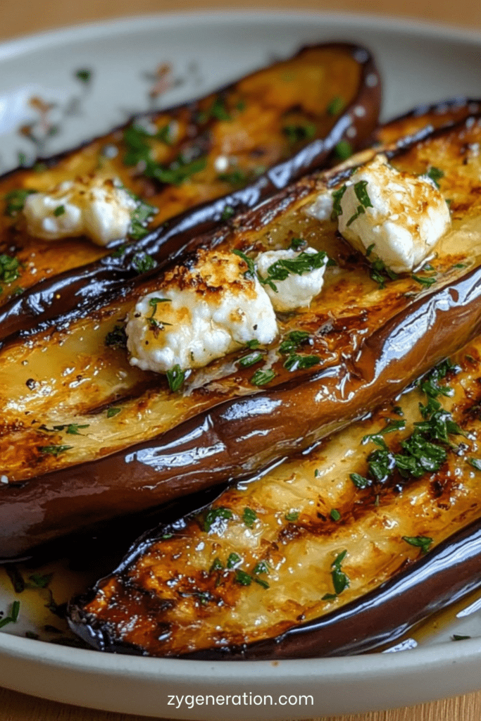 Aubergines rôties au four, chair fondante imbibée d’huile d’olive, garnies de fromage émietté et d’herbes fraîches, légèrement caramélisées