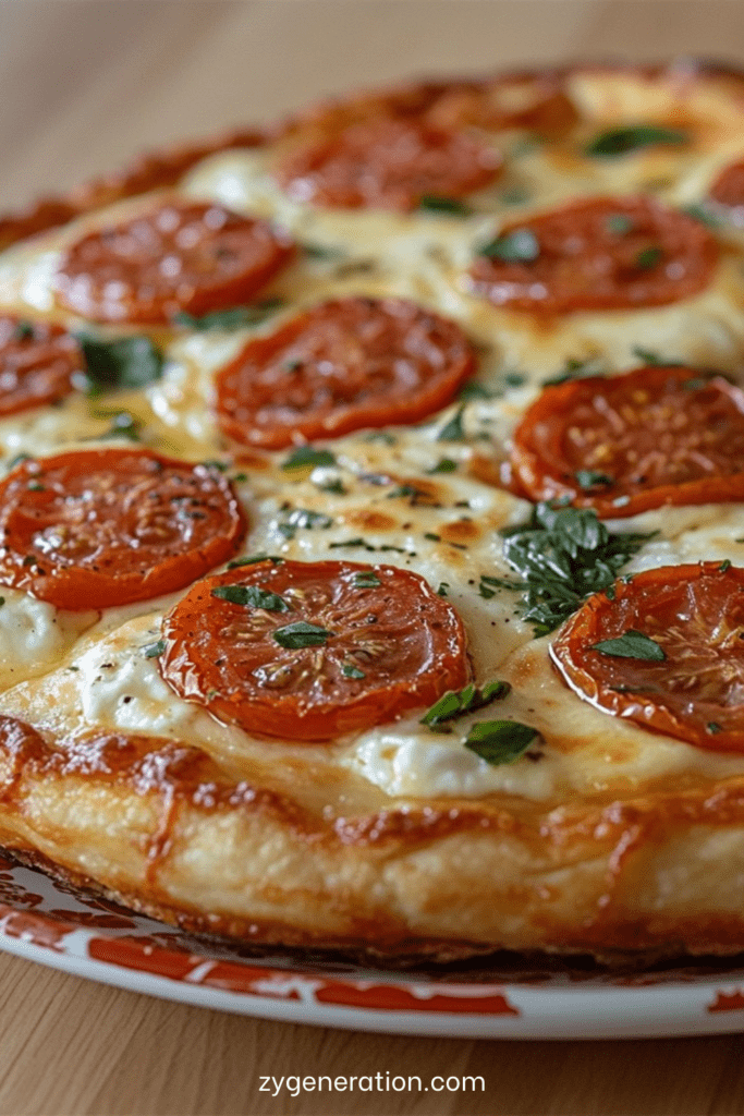 Tarte feuilletée croustillante garnie de tomates fraîches et mozzarella fondante, dorée au four avec herbes fraîches et huile d’olive