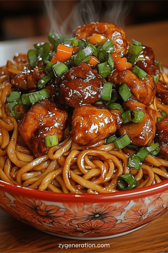 Nouilles sautées au wok avec boulettes de poulet caramélisées, sauce soja brillante, oignons verts et légumes croquants