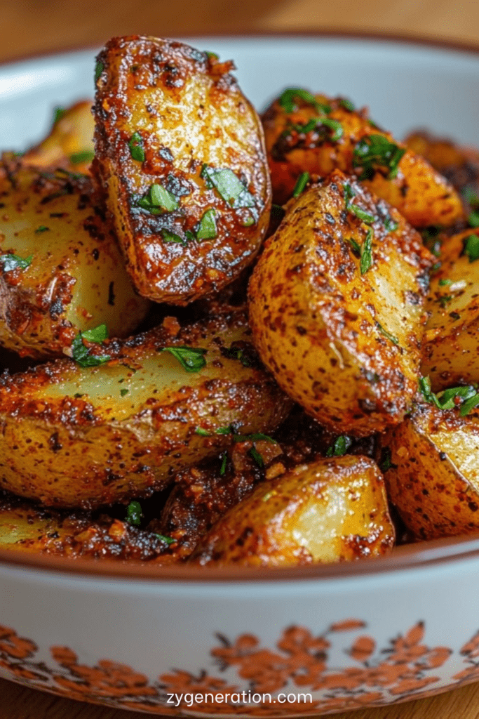 Pommes de terre rôties au four, dorées et croustillantes, enrobées d’épices, d’ail et de persil frais, servies bien chaudes en accompagnement