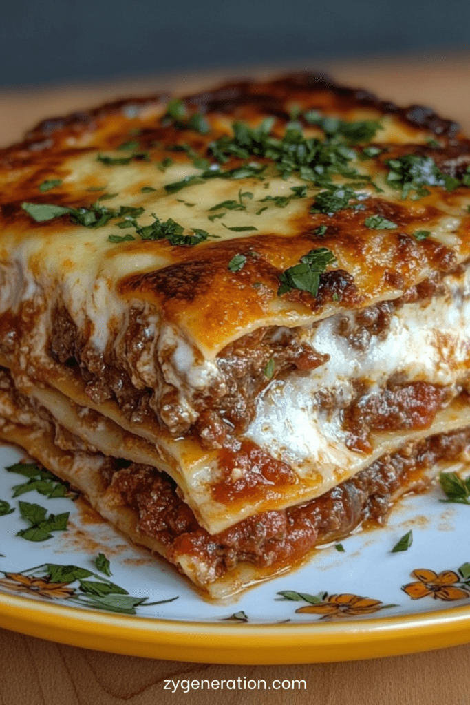 Plat de lasagnes bolognaises maison gratinées au four avec béchamel crémeuse, viande de bœuf mijotée et fromage fondant doré.