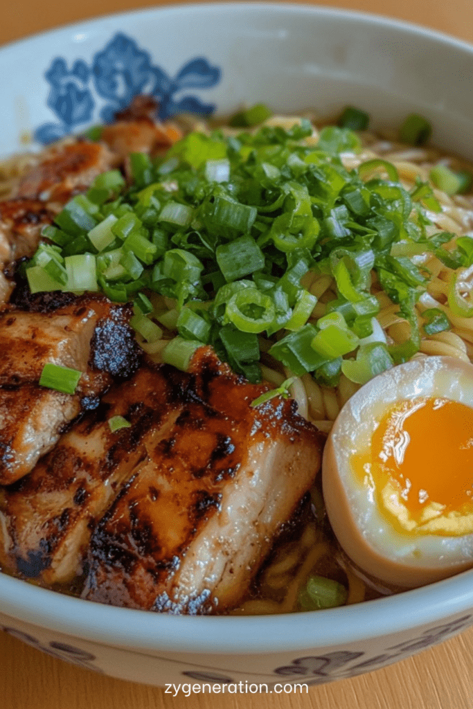 Bol de ramen maison avec nouilles au blé, poulet grillé caramélisé, œuf mollet au jaune coulant et oignons verts sur bouillon chaud.