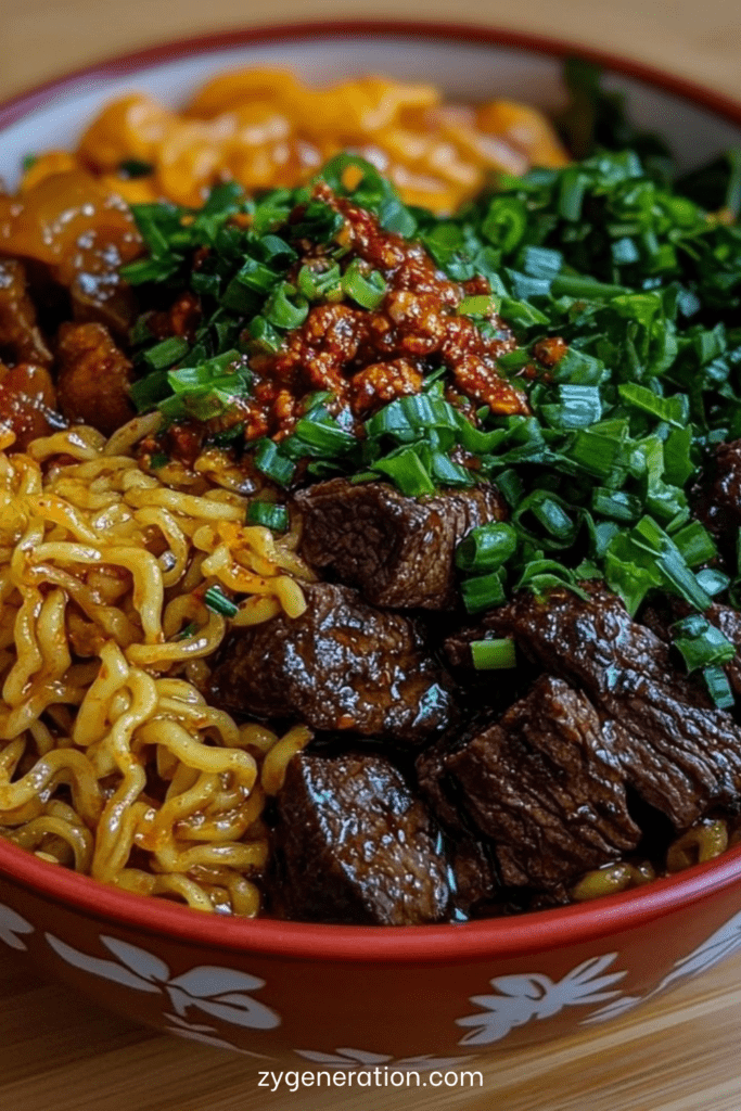 Grand bol de Ramen au bœuf maison avec nouilles au blé, bœuf sauté tendre, légumes verts et bouillon chaud parfumé, garni de ciboulette fraîche.