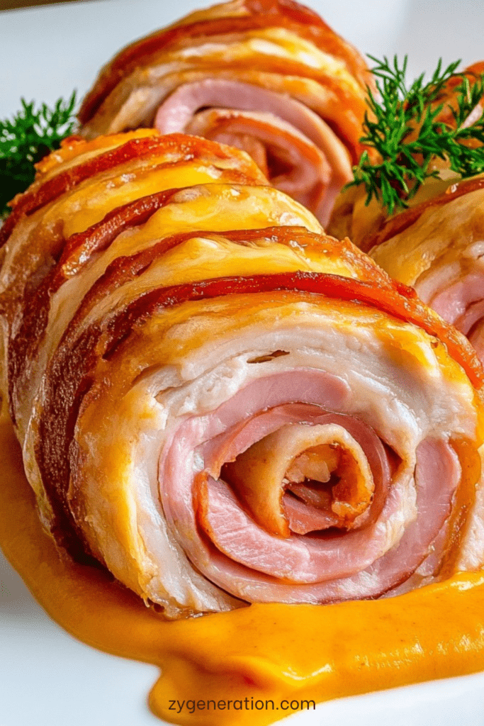 Roulés de poulet garnis de jambon et de fromage fondant, nappés de sauce crémeuse et servis chauds dans une assiette.