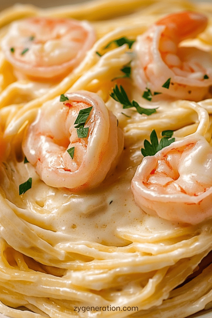 Spaghetti crémeux nappés de sauce crémeuse au parmesan avec des crevettes dorées et du persil frais, servis chauds dans une assiette.