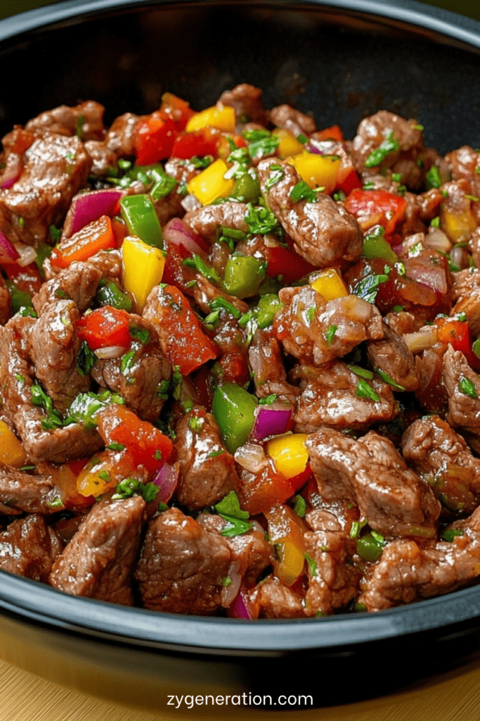 Bœuf sauté aux poivrons rouges, verts et jaunes, nappé de sauce soja brillante et servi chaud avec des herbes fraîches.