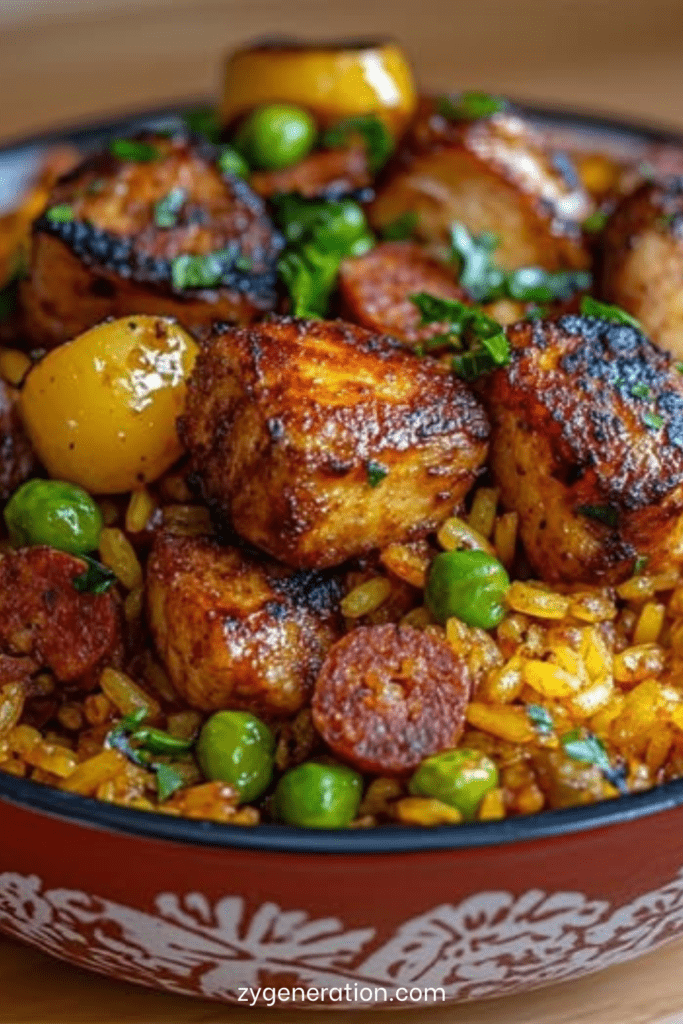 Paella au poulet et chorizo avec riz doré au safran, petits pois et quartiers de citron, servie dans une grande poêle.