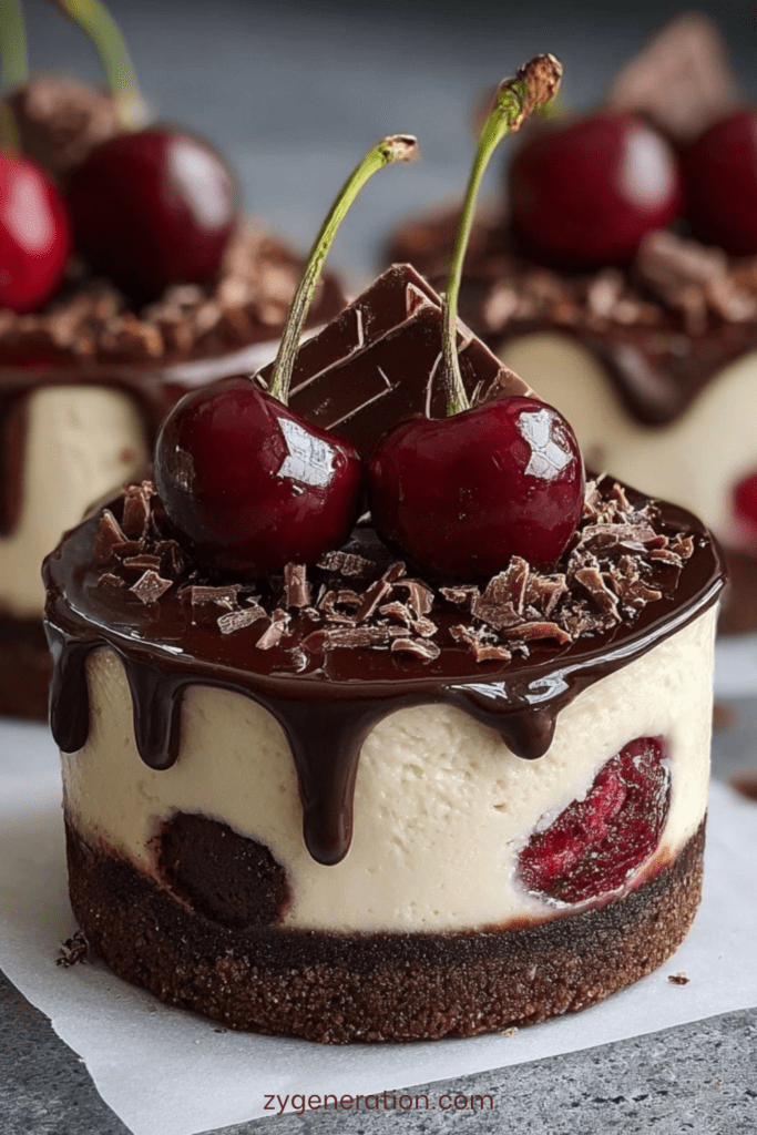 Mini cheesecake au chocolat noir avec cerises intégrées, base biscuit cacao et nappage brillant, décoré de copeaux de chocolat.