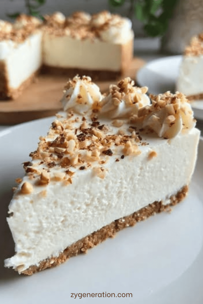 Cheesecake crémeux sans cuisson aux noisettes concassées, base biscuitée dorée et surface lisse parsemée d’éclats croquants.