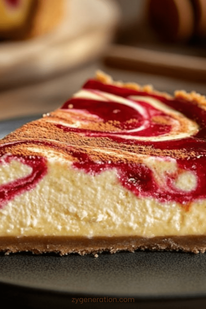 Cheesecake marbré framboise et vanille avec base biscuitée dorée, surface marbrée rose et crème, saupoudré de cacao.