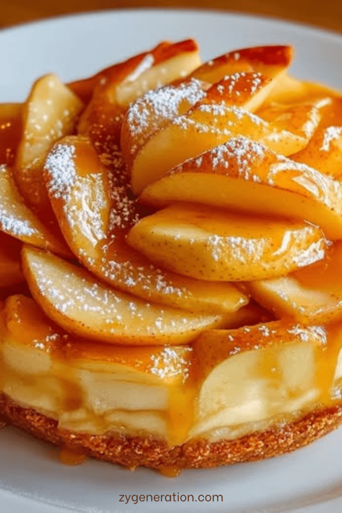 Cheesecake aux pommes caramélisées avec base biscuitée dorée, pommes fondantes nappées de caramel et légère touche de sucre glace.