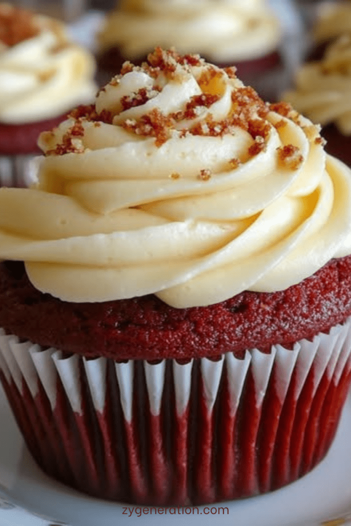 Cupcakes Red Velvet rouges et moelleux, surmontés d’un glaçage cream cheese onctueux et décorés de miettes de gâteau.