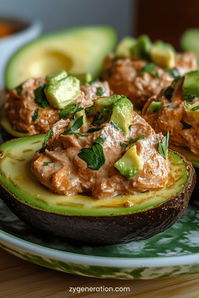Avocats farcis au thon crémeux avec herbes fraîches, dés d’avocat sur le dessus et assaisonnement citronné, servis bien frais.