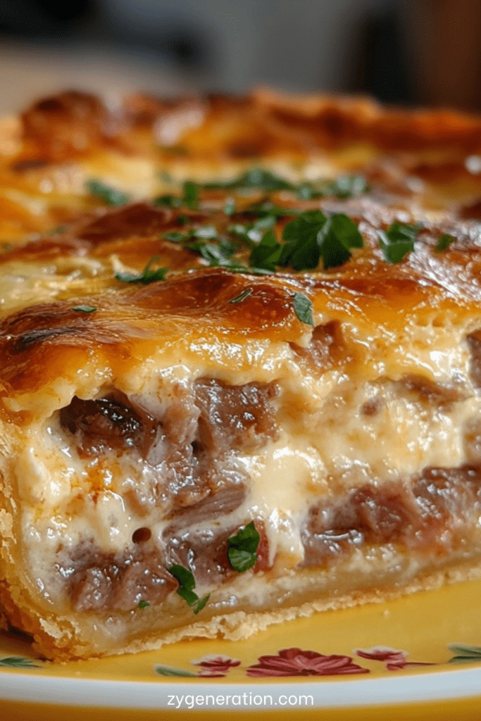 Tarte feuilletée au thon et fromage gratiné, garniture crémeuse au thon émietté, oignons fondants et persil frais.