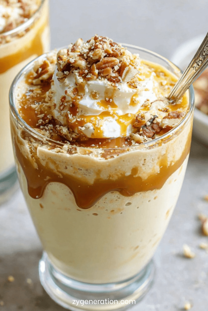 Verrines dessert à la mousse vanille mascarpone, caramel au beurre salé et noix de pécan concassées, finition brillante et gourmande.